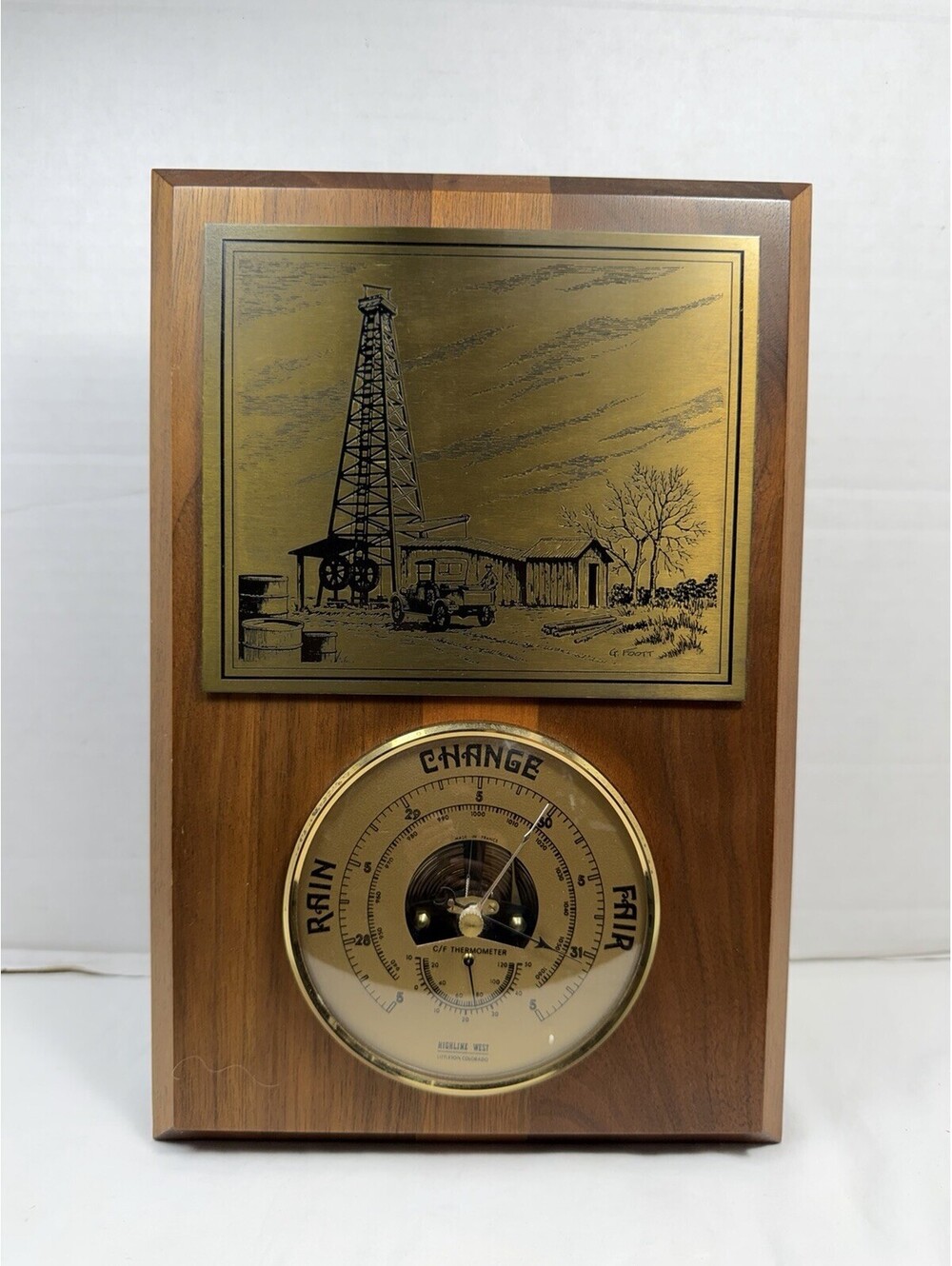 Vintage Oil Derrick Wood Plaque Barometer Thermometer Weather Station USA